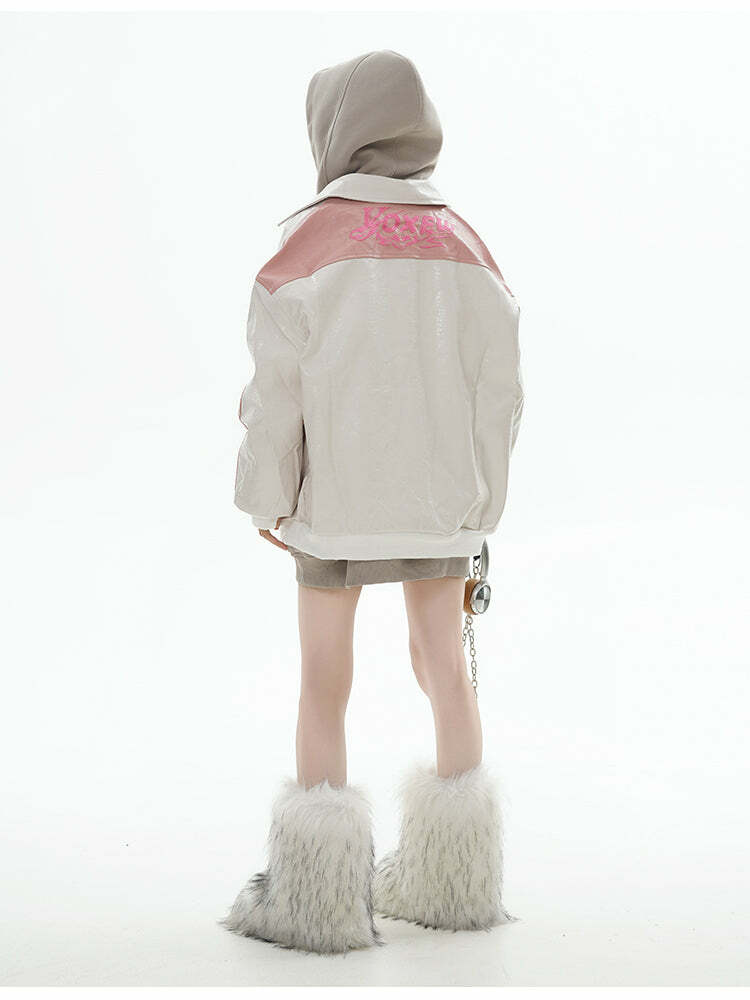 GCINIM Two-Tone Faux Leather Jacket - Y2K Grunge, 90s Fashion, Retro Style, Summer Y2K Outfits
