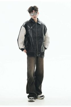 GCINIM Two-Tone Faux Leather Jacket - Y2K Grunge, 90s Fashion, Retro Style, Summer Y2K Outfits
