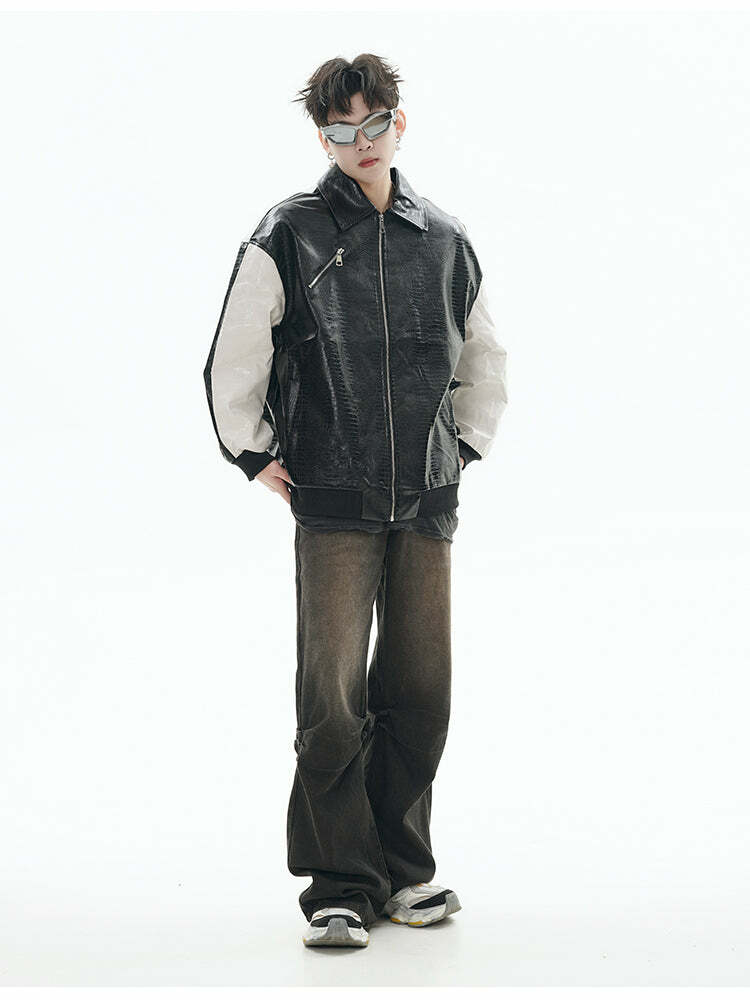 GCINIM Two-Tone Faux Leather Jacket - Y2K Grunge, 90s Fashion, Retro Style, Summer Y2K Outfits