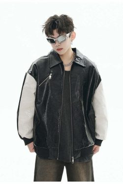 GCINIM Two-Tone Faux Leather Jacket - Y2K Grunge, 90s Fashion, Retro Style, Summer Y2K Outfits
