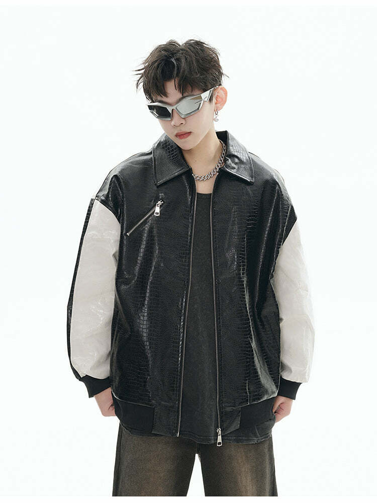 GCINIM Two-Tone Faux Leather Jacket - Y2K Grunge, 90s Fashion, Retro Style, Summer Y2K Outfits