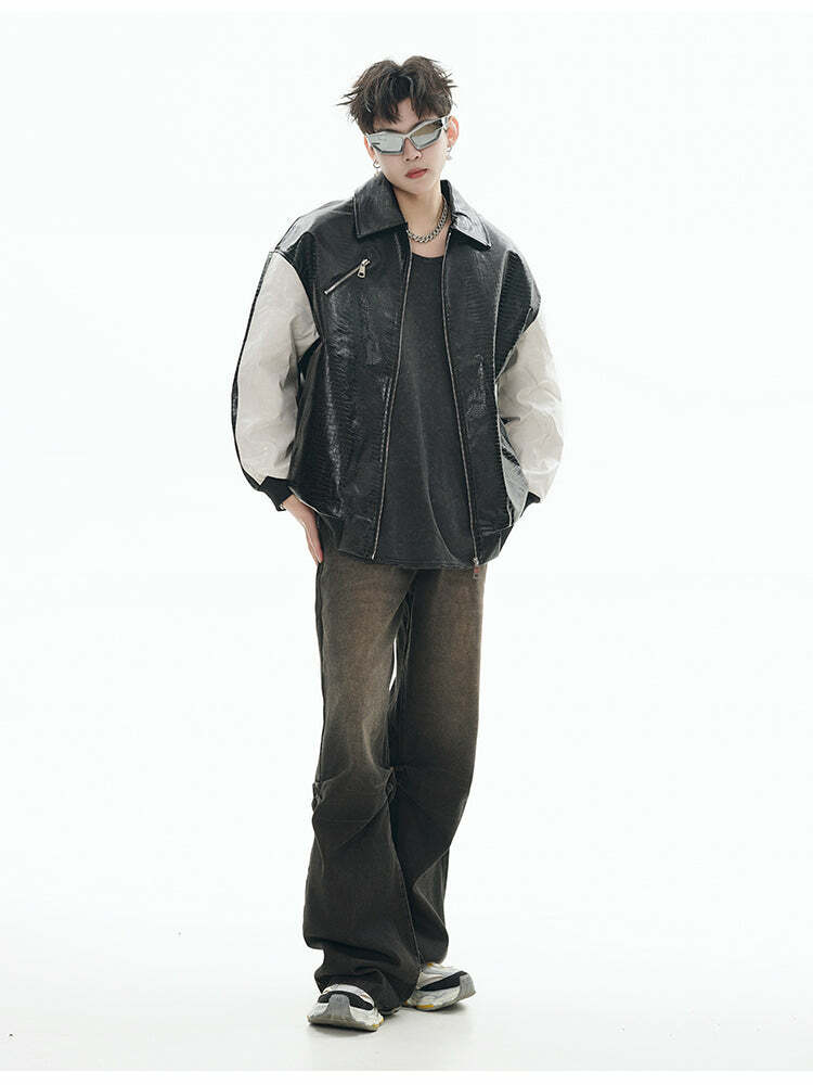 GCINIM Two-Tone Faux Leather Jacket - Y2K Grunge, 90s Fashion, Retro Style, Summer Y2K Outfits