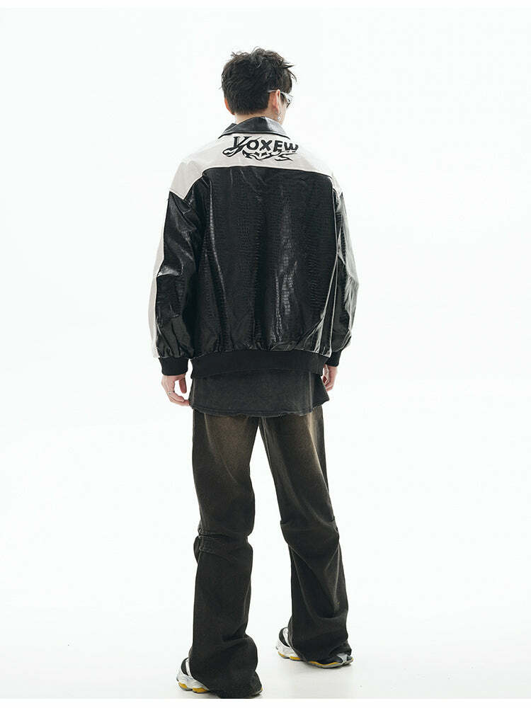 GCINIM Two-Tone Faux Leather Jacket - Y2K Grunge, 90s Fashion, Retro Style, Summer Y2K Outfits