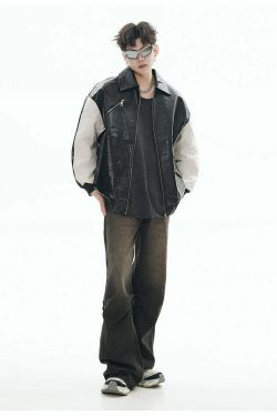 GCINIM Two-Tone Faux Leather Jacket - Y2K Grunge, 90s Fashion, Retro Style, Summer Y2K Outfits