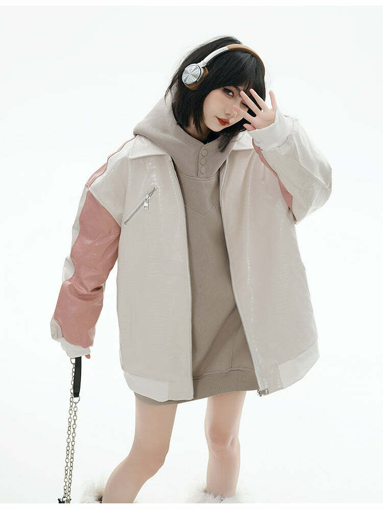 GCINIM Two-Tone Faux Leather Jacket - Y2K Grunge, 90s Fashion, Retro Style, Summer Y2K Outfits