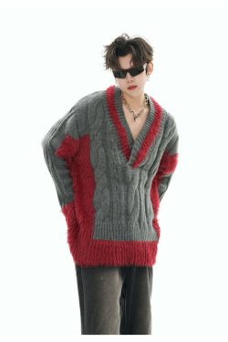 GCINIM Two-Tone V Neck Sweater - Y2K Grunge, 90s Fashion, Retro Style, Summer Y2K Out