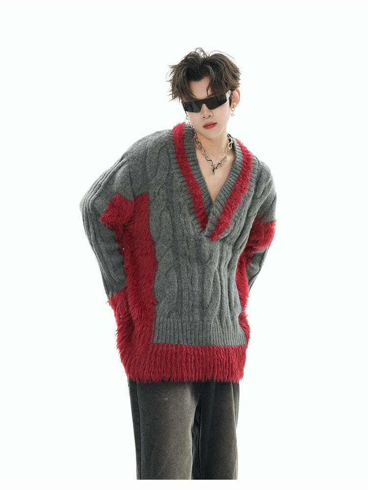 GCINIM Two-Tone V Neck Sweater - Y2K Grunge, 90s Fashion, Retro Style, Summer Y2K Out