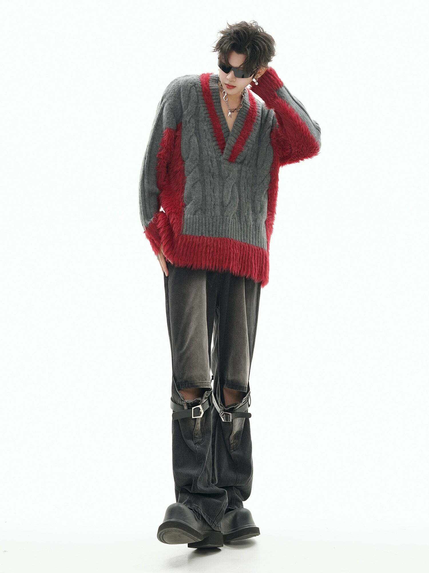 GCINIM Two-Tone V Neck Sweater - Y2K Grunge, 90s Fashion, Retro Style, Summer Y2K Out