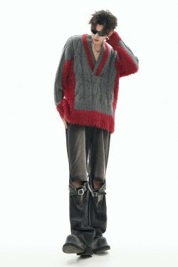 GCINIM Two-Tone V Neck Sweater - Y2K Grunge, 90s Fashion, Retro Style, Summer Y2K Out