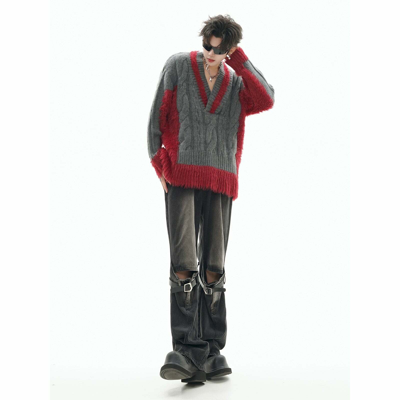 GCINIM Two-Tone V Neck Sweater - Y2K Grunge, 90s Fashion, Retro Style, Summer Y2K Out