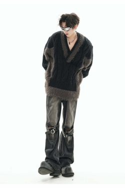 GCINIM Two-Tone V Neck Sweater - Y2K Grunge, 90s Fashion, Retro Style, Summer Y2K Out