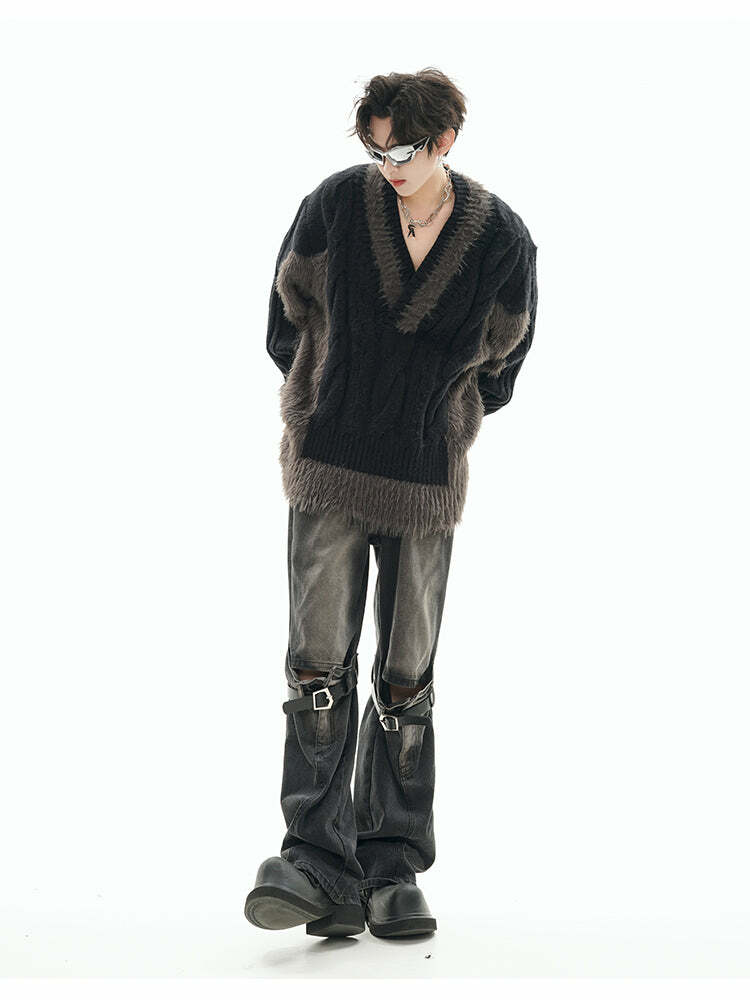 GCINIM Two-Tone V Neck Sweater - Y2K Grunge, 90s Fashion, Retro Style, Summer Y2K Out