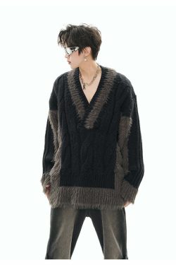 GCINIM Two-Tone V Neck Sweater - Y2K Grunge, 90s Fashion, Retro Style, Summer Y2K Out