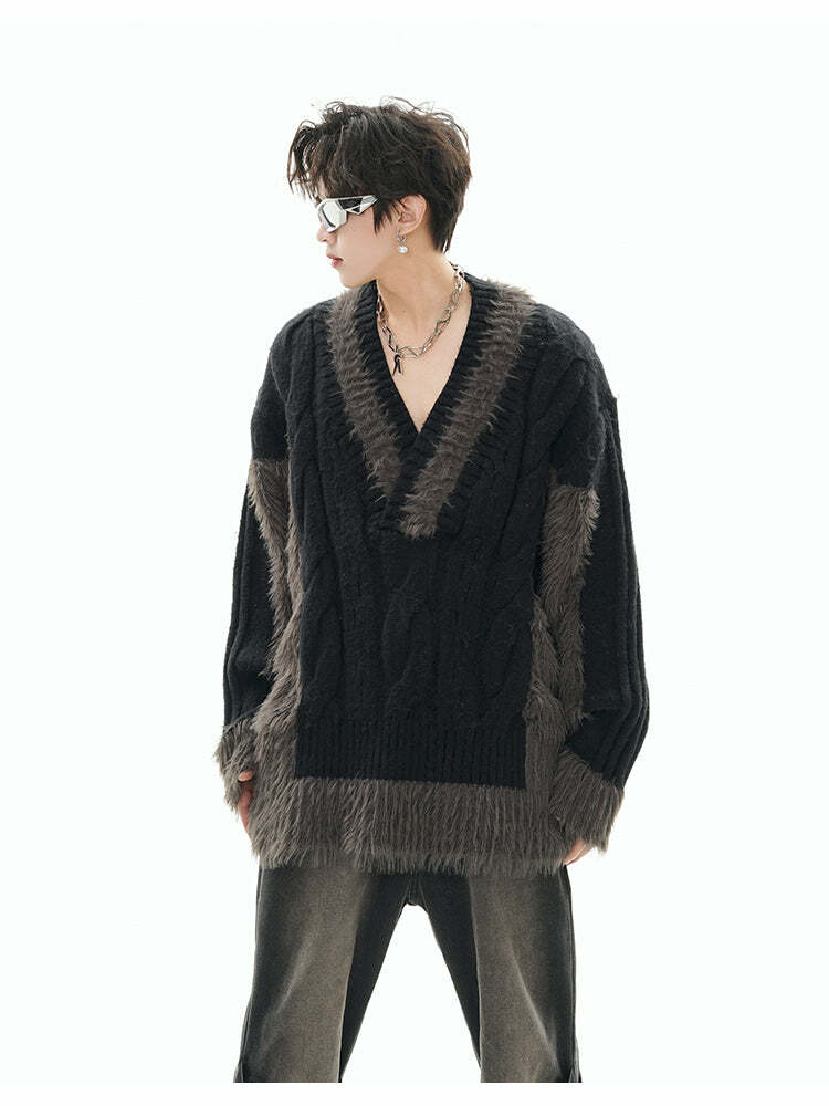 GCINIM Two-Tone V Neck Sweater - Y2K Grunge, 90s Fashion, Retro Style, Summer Y2K Out
