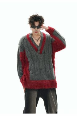 GCINIM Two-Tone V Neck Sweater - Y2K Grunge, 90s Fashion, Retro Style, Summer Y2K Out