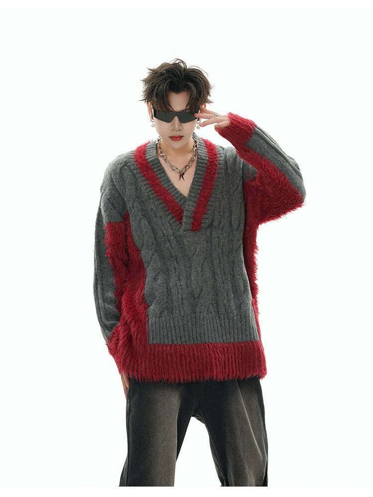GCINIM Two-Tone V Neck Sweater - Y2K Grunge, 90s Fashion, Retro Style, Summer Y2K Out