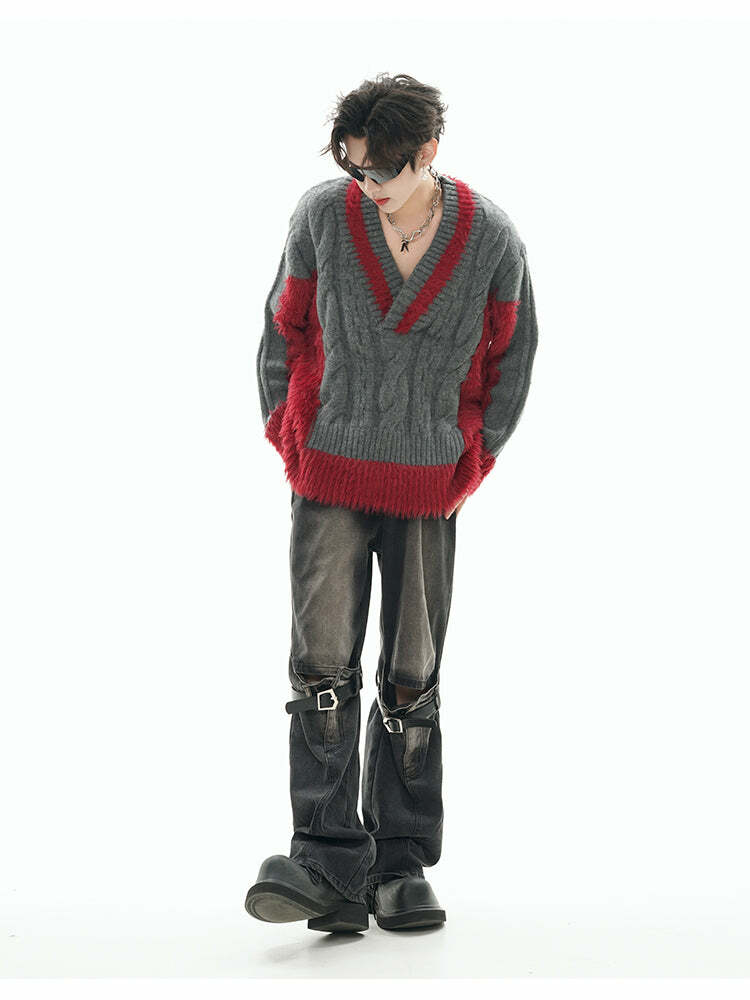 GCINIM Two-Tone V Neck Sweater - Y2K Grunge, 90s Fashion, Retro Style, Summer Y2K Out
