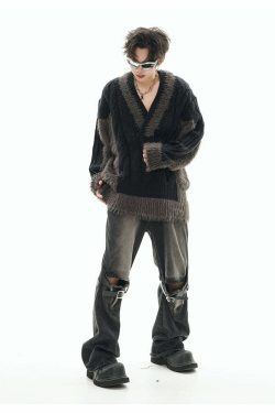GCINIM Two-Tone V Neck Sweater - Y2K Grunge, 90s Fashion, Retro Style, Summer Y2K Out