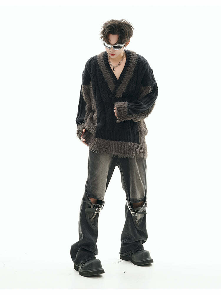 GCINIM Two-Tone V Neck Sweater - Y2K Grunge, 90s Fashion, Retro Style, Summer Y2K Out