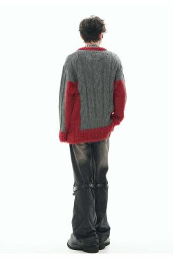 GCINIM Two-Tone V Neck Sweater - Y2K Grunge, 90s Fashion, Retro Style, Summer Y2K Out
