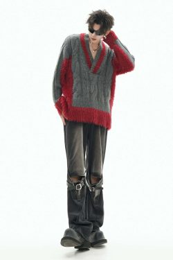 GCINIM Two-Tone V Neck Sweater - Y2K Grunge, 90s Fashion, Retro Style, Summer Y2K Out