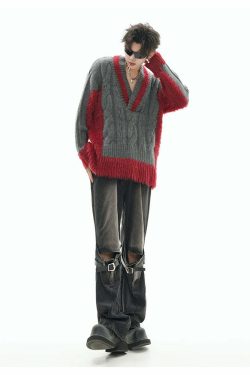 GCINIM Two-Tone V Neck Sweater - Y2K Grunge, 90s Fashion, Retro Style, Summer Y2K Out