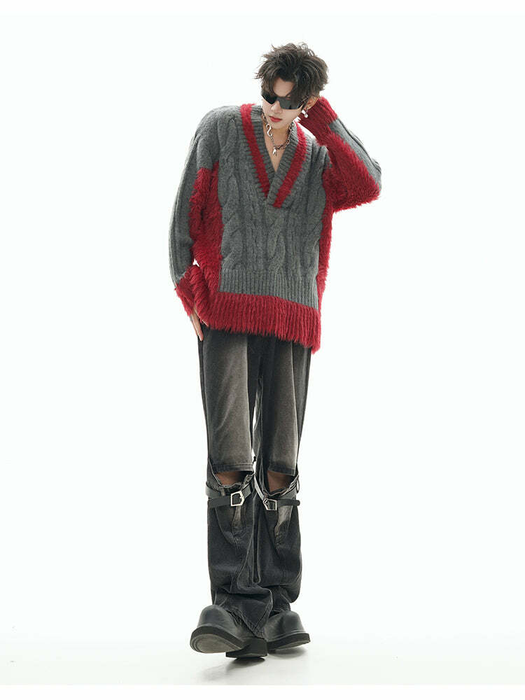 GCINIM Two-Tone V Neck Sweater - Y2K Grunge, 90s Fashion, Retro Style, Summer Y2K Out