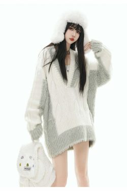 GCINIM Two-Tone V Neck Sweater - Y2K Grunge, 90s Fashion, Retro Style, Summer Y2K Out
