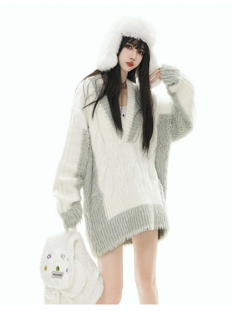 GCINIM Two-Tone V Neck Sweater - Y2K Grunge, 90s Fashion, Retro Style, Summer Y2K Out