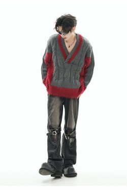 GCINIM Two-Tone V Neck Sweater - Y2K Grunge, 90s Fashion, Retro Style, Summer Y2K Out