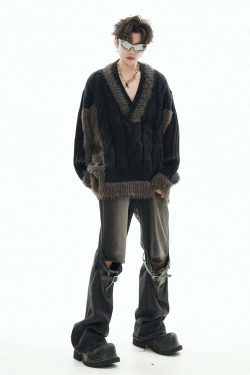 GCINIM Two-Tone V Neck Sweater - Y2K Grunge, 90s Fashion, Retro Style, Summer Y2K Out