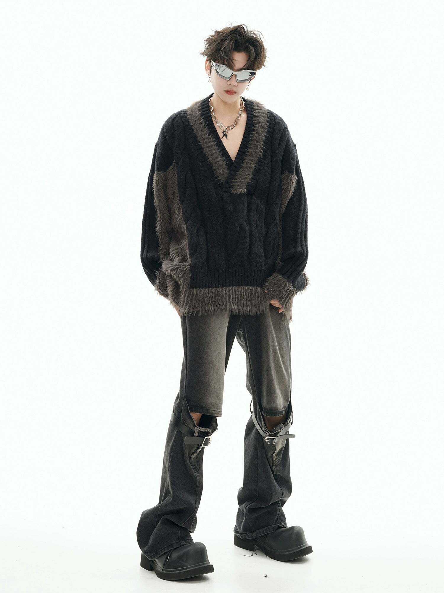 GCINIM Two-Tone V Neck Sweater - Y2K Grunge, 90s Fashion, Retro Style, Summer Y2K Out