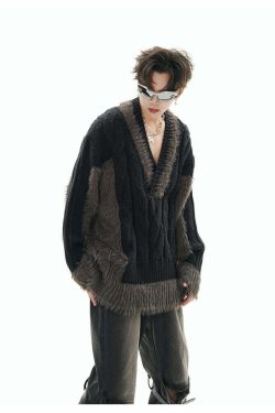 GCINIM Two-Tone V Neck Sweater - Y2K Grunge, 90s Fashion, Retro Style, Summer Y2K Out