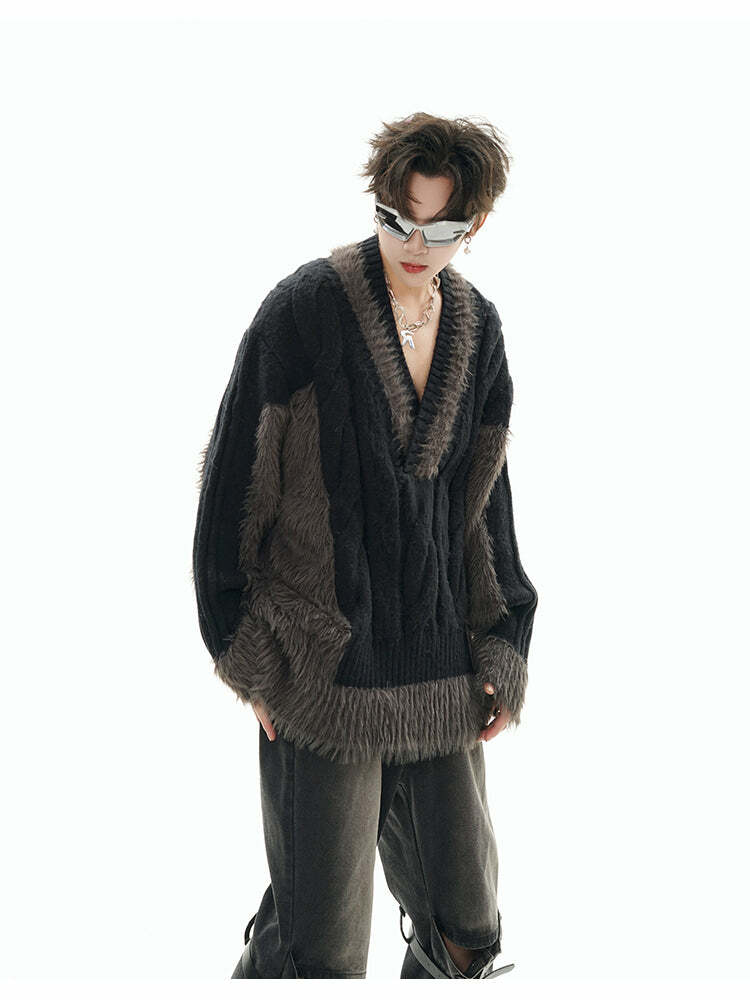 GCINIM Two-Tone V Neck Sweater - Y2K Grunge, 90s Fashion, Retro Style, Summer Y2K Out