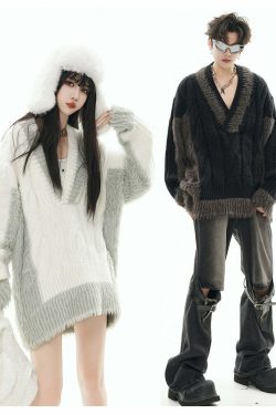 GCINIM Two-Tone V Neck Sweater - Y2K Grunge, 90s Fashion, Retro Style, Summer Y2K Out