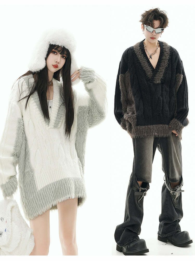 GCINIM Two-Tone V Neck Sweater - Y2K Grunge, 90s Fashion, Retro Style, Summer Y2K Out
