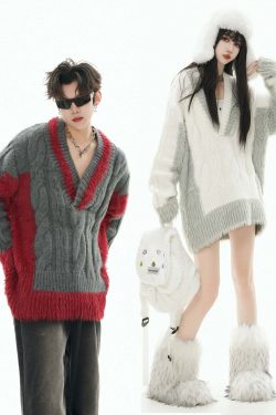 GCINIM Two-Tone V Neck Sweater - Y2K Grunge, 90s Fashion, Retro Style, Summer Y2K Out