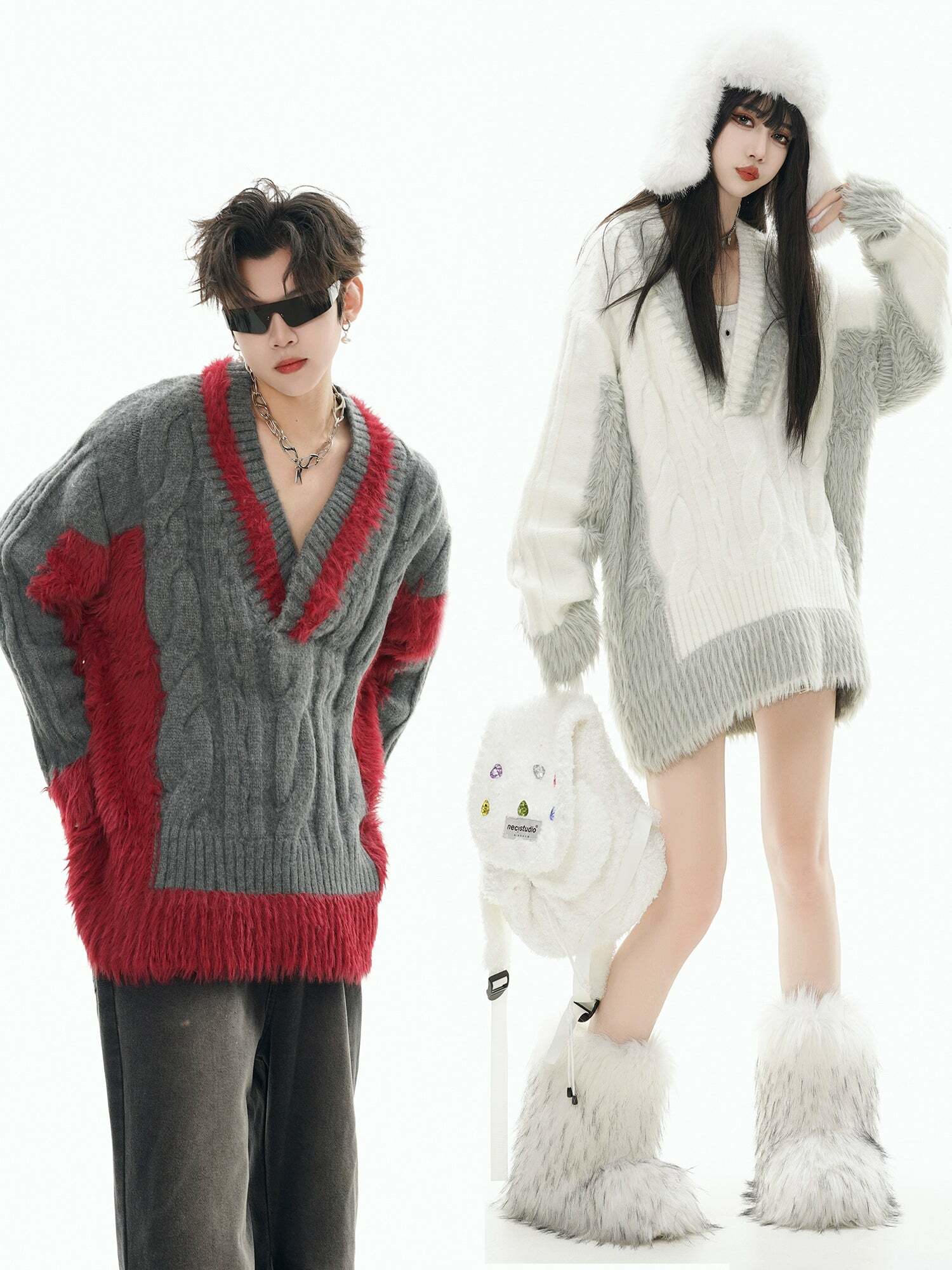 GCINIM Two-Tone V Neck Sweater - Y2K Grunge, 90s Fashion, Retro Style, Summer Y2K Out