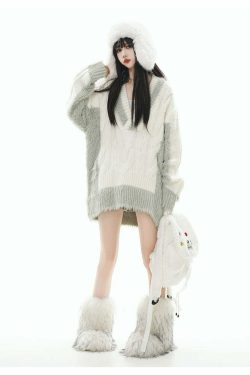 GCINIM Two-Tone V Neck Sweater - Y2K Grunge, 90s Fashion, Retro Style, Summer Y2K Out