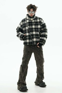 GCINIM Y2K Asymmetrical Zip Plaid Padded Jacket - 90s Grunge, Retro, and Pastel Goth Style