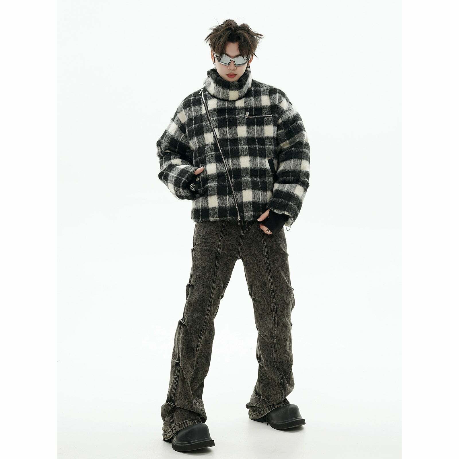 GCINIM Y2K Asymmetrical Zip Plaid Padded Jacket - 90s Grunge, Retro, and Pastel Goth Style