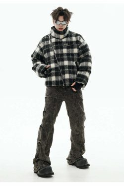 GCINIM Y2K Asymmetrical Zip Plaid Padded Jacket - 90s Grunge, Retro, and Pastel Goth Style