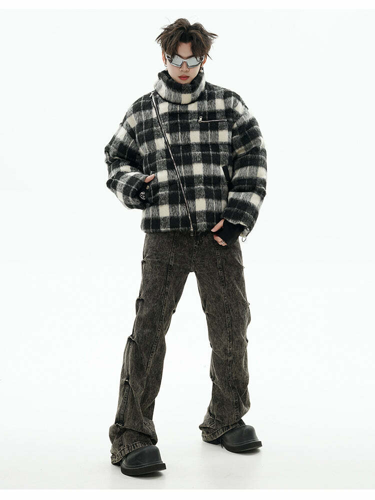 GCINIM Y2K Asymmetrical Zip Plaid Padded Jacket - 90s Grunge, Retro, and Pastel Goth Style