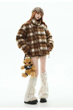 GCINIM Y2K Asymmetrical Zip Plaid Padded Jacket - 90s Grunge, Retro, and Pastel Goth Style