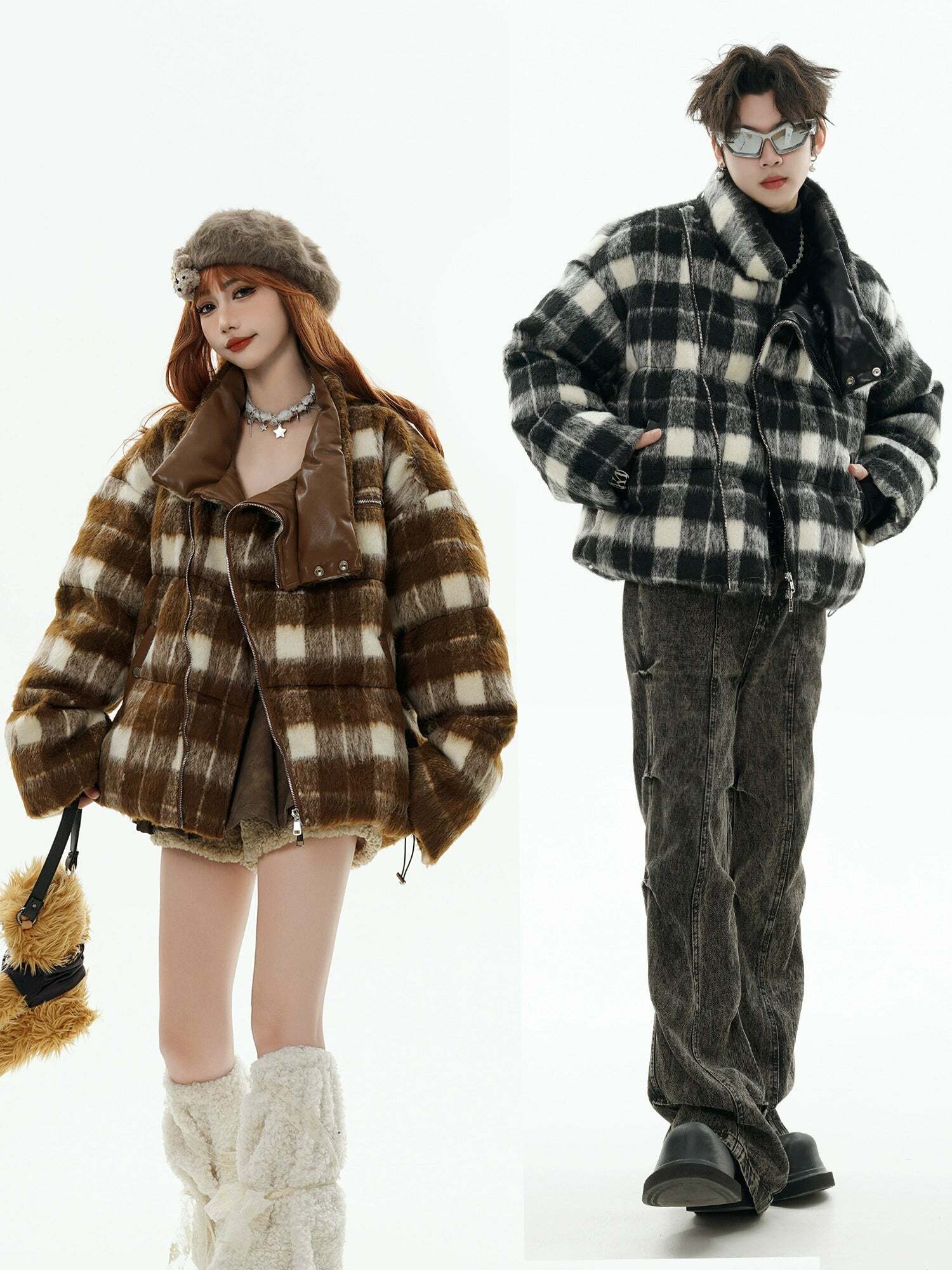 GCINIM Y2K Asymmetrical Zip Plaid Padded Jacket - 90s Grunge, Retro, and Pastel Goth Style