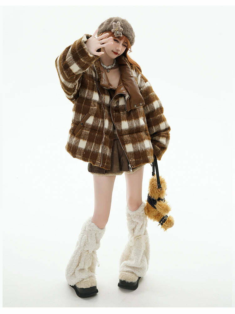GCINIM Y2K Asymmetrical Zip Plaid Padded Jacket - 90s Grunge, Retro, and Pastel Goth Style