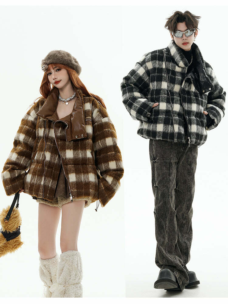 GCINIM Y2K Asymmetrical Zip Plaid Padded Jacket - 90s Grunge, Retro, and Pastel Goth Style