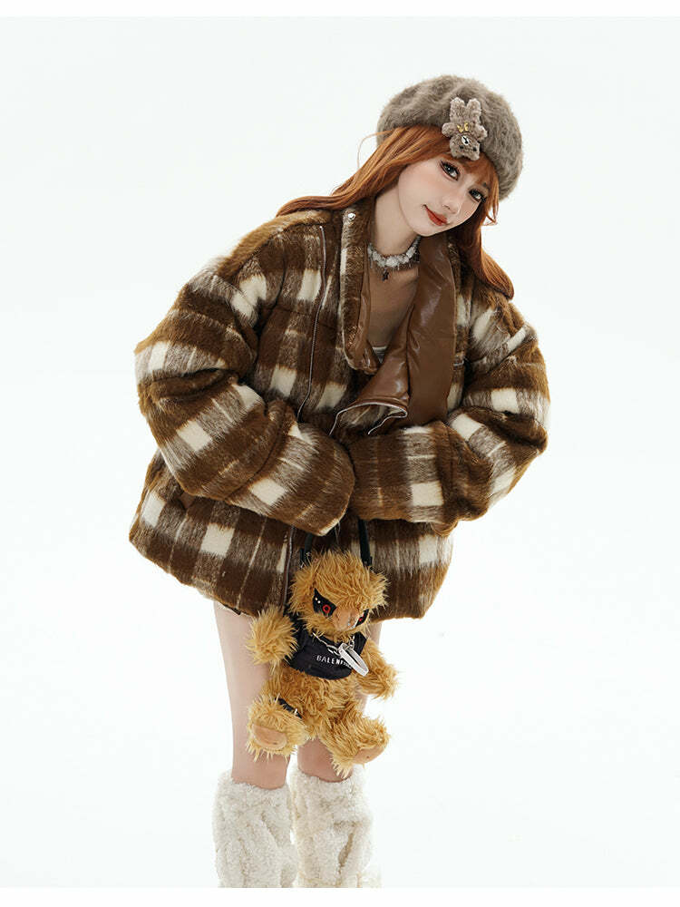 GCINIM Y2K Asymmetrical Zip Plaid Padded Jacket - 90s Grunge, Retro, and Pastel Goth Style