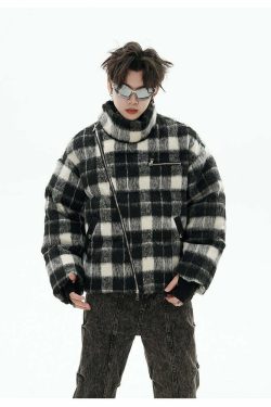 GCINIM Y2K Asymmetrical Zip Plaid Padded Jacket - 90s Grunge, Retro, and Pastel Goth Style