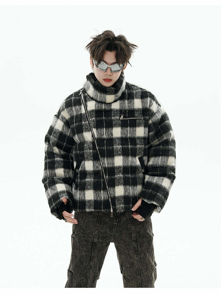 GCINIM Y2K Asymmetrical Zip Plaid Padded Jacket - 90s Grunge, Retro, and Pastel Goth Style
